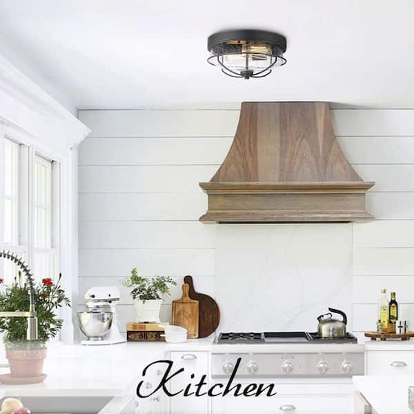 12 in. 2-Light Farmhouse Black Ceiling Light Fixture with Seeded Glass Shade Flush Mount