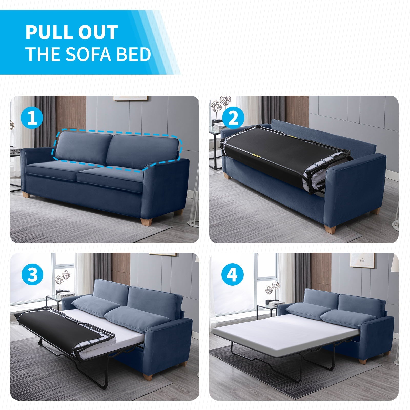 BALUS 2-in-1 Sofa Bed, Full Pull-out Sofa Bed, Sofa Bed with Foam  Mattress, Loveseat Sofa Bed for Living Room, Bedroom, Office, Small Space, Blue