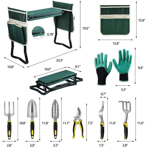 23.3 in. 6-Pieces Green Foldable Garden Seat Kneeling Chair Garden Tool Set with Soft Kneeling Cushion
