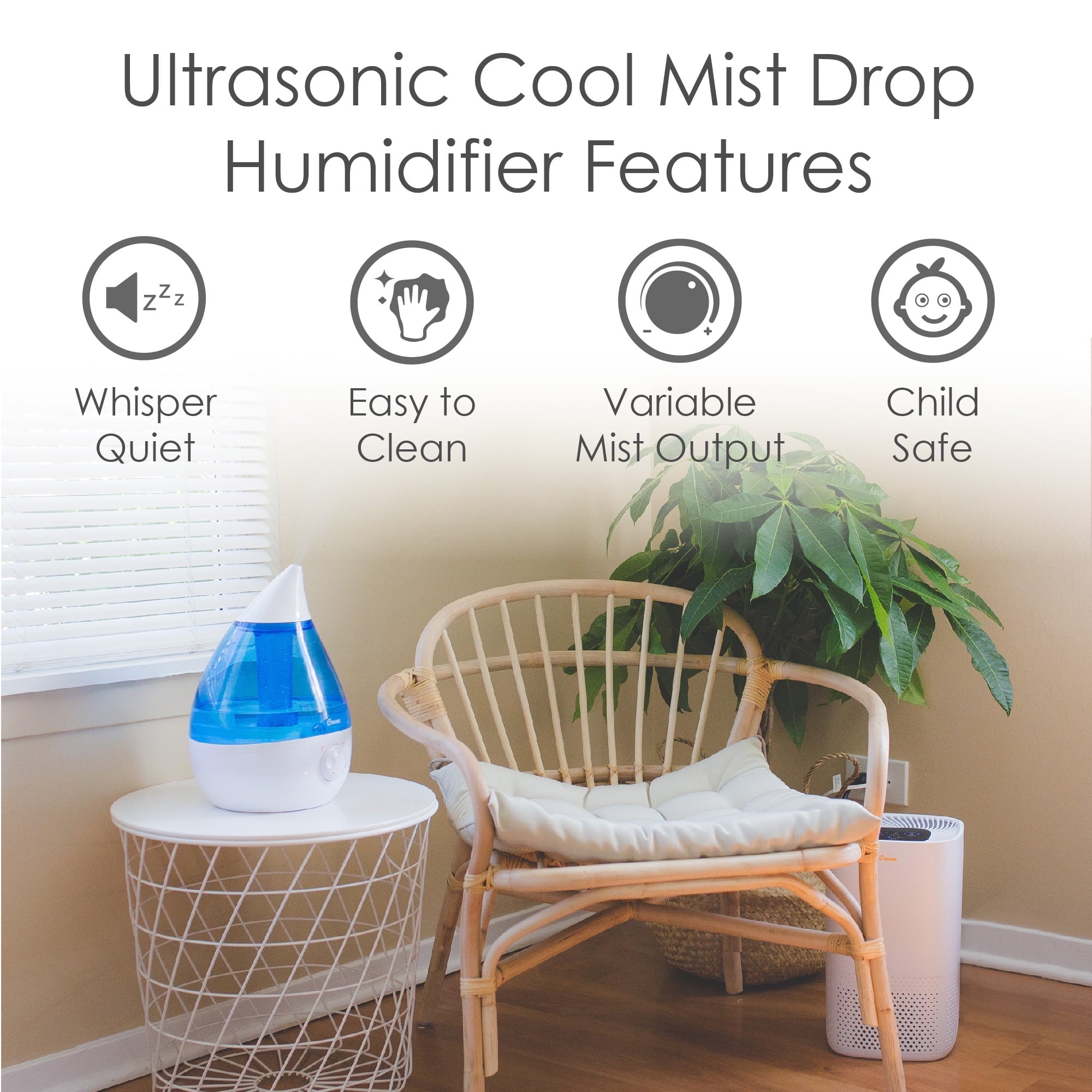 Crane Drop Ultrasonic Cool Mist Humidifier, 1.0 Gallon, 24 Hour Run Time, Whisper Quiet, 500 Sq. Ft. Coverage, Blue/White