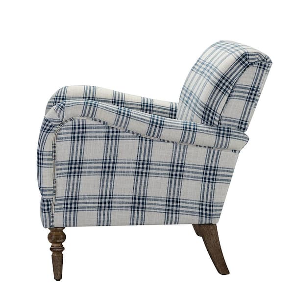 Mandan Navy Contemporary and Classic Upholstered Plaid Pattern Accent Armchair with Turned Solid Wood Legs