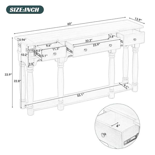 60 in. Dark Navy Rectangle Wood Top Console Table with 3-Storage Drawers and Bottom Shelf