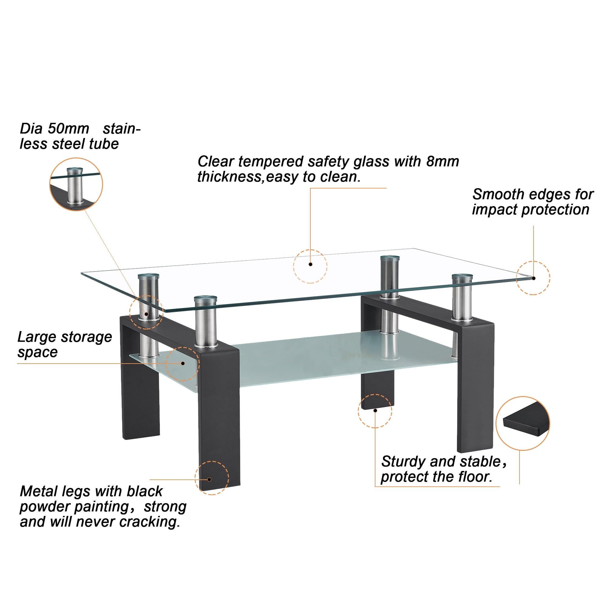 Glass Coffee Table with Lower Shelf, Clear Rectangle Glass Coffee Table, Modern Coffee Table with Metal Legs, Rectangle Center Table Sofa Table Home Furniture for Living Room, L5509