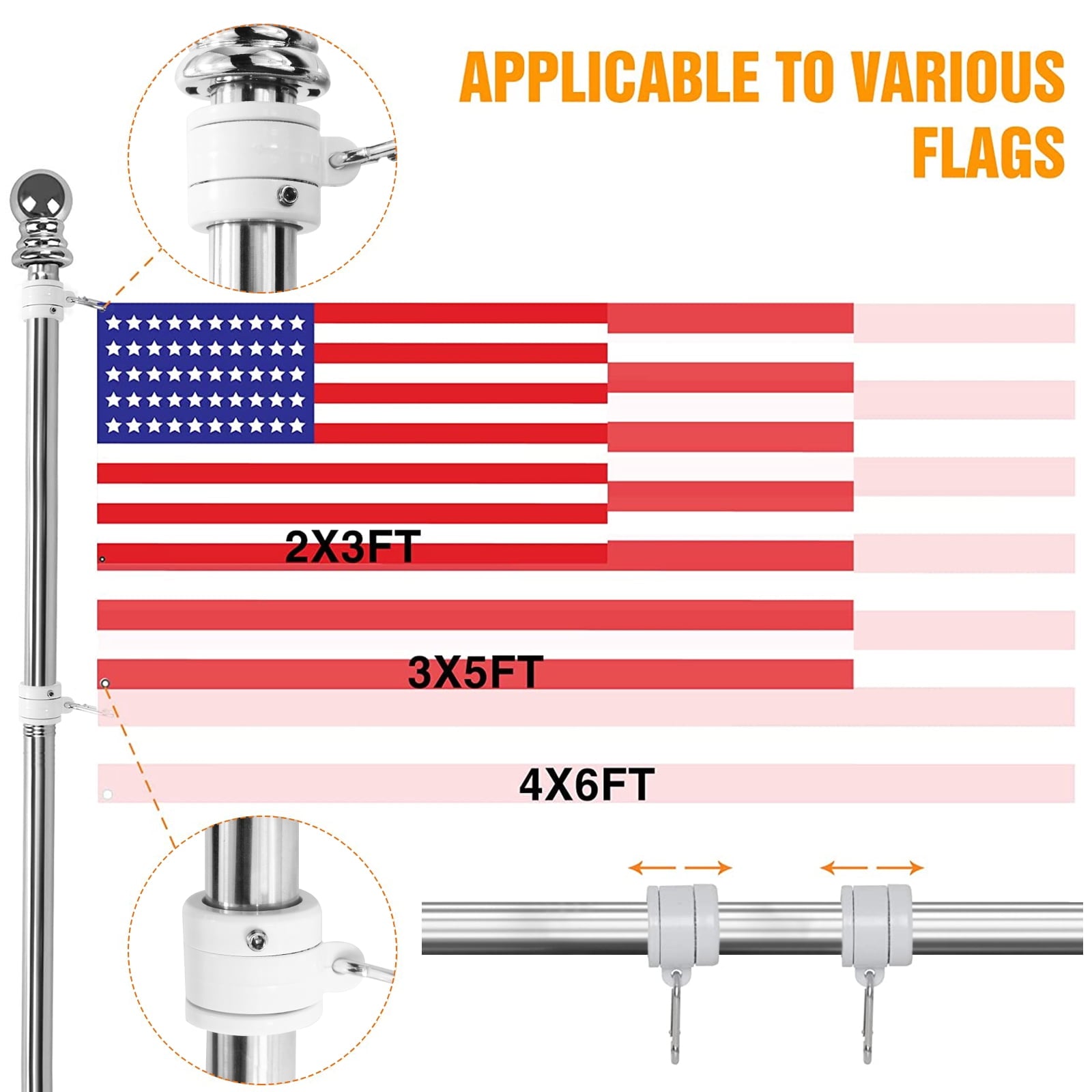 WiseWater 5ft Tangle Free Spinning Flag Pole Kit, Stainless Steel Flagpole with 3x5ft American Flag, Silver