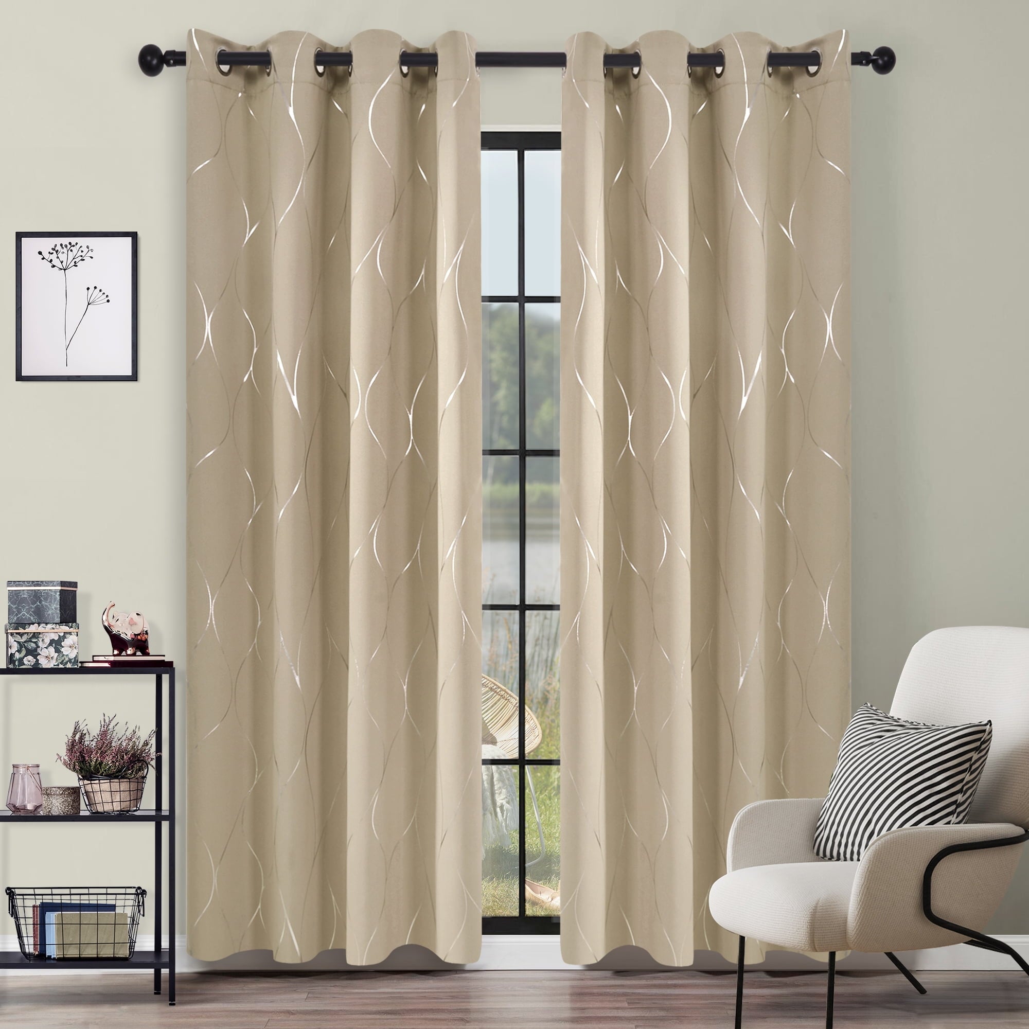 Deconovo Silver Wave Foil Print Blackout Curtains Grommet Light Blocking Curtain Room Darkening Noise Reducing WindoWDraperies 52Wx 84L inch Set of 2 Panels Khaki