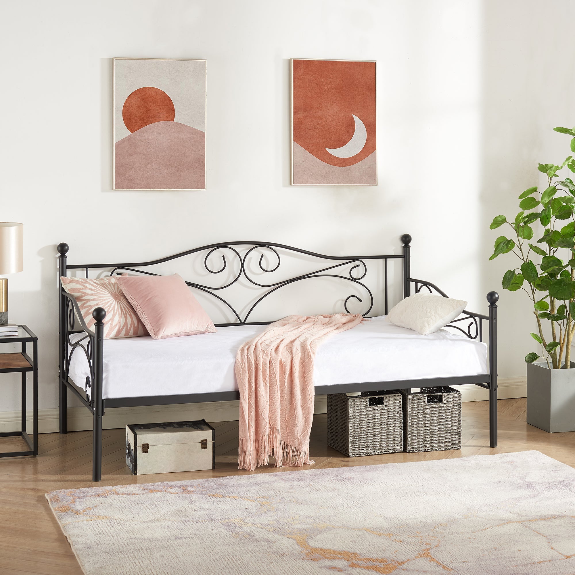 VECELO Twin Size Metal Daybed, Victorian Platform Sofa Bed Frame for Living Guest Room, Black