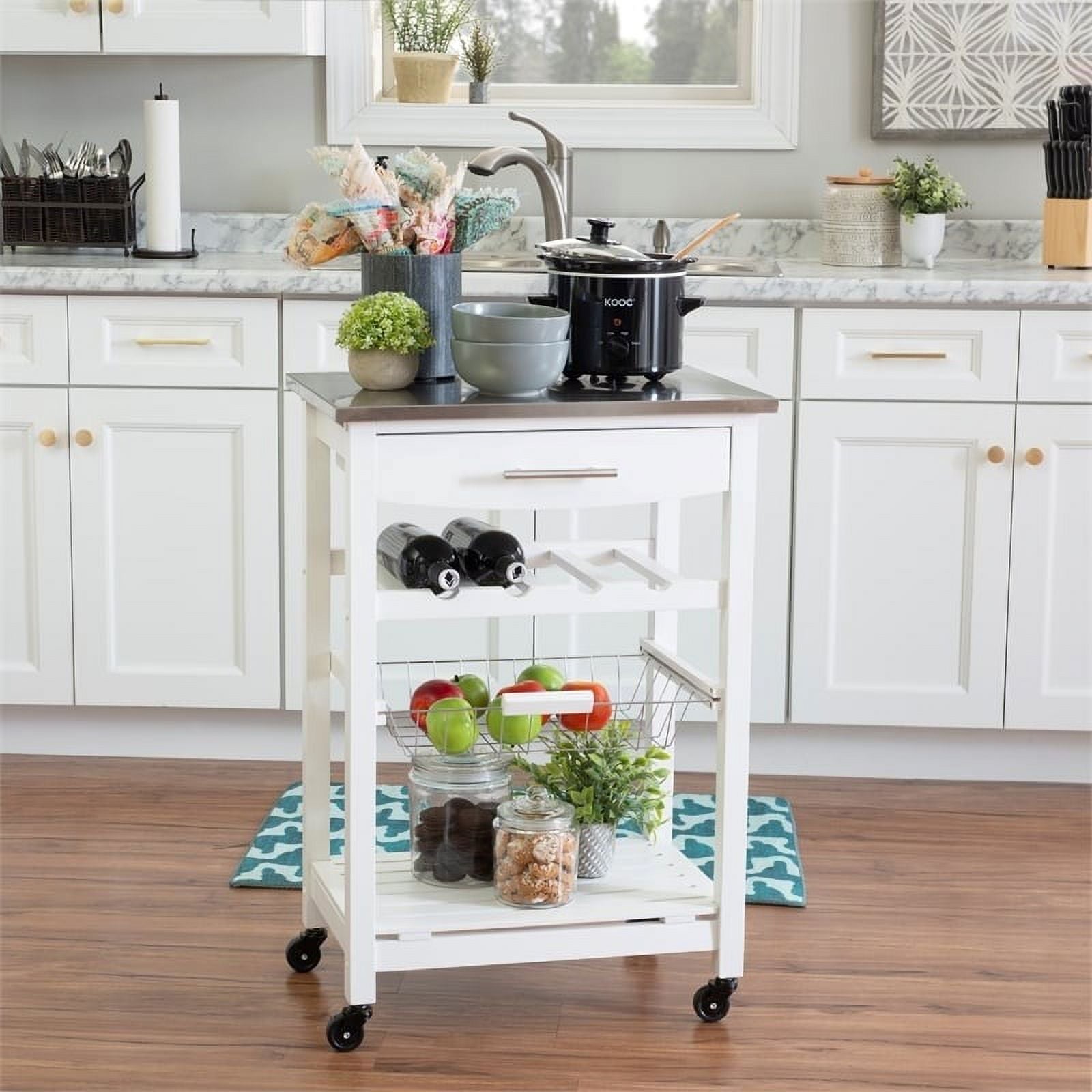 Riverbay Furniture Transitional Wood/Stainless Steel Kitchen Cart in White