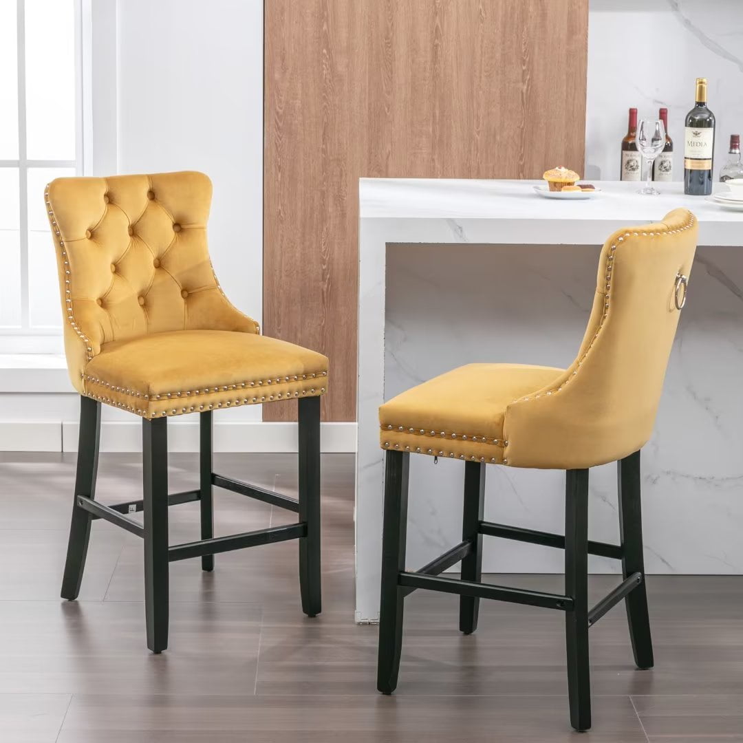 Velvet Bar Stools Set of 2, Upholstered Counter Height Bar Chair with Rivet and Button Trim, Bar Stool with Back and Footrest, for Dining Room, Kitchen, Pub, Gray