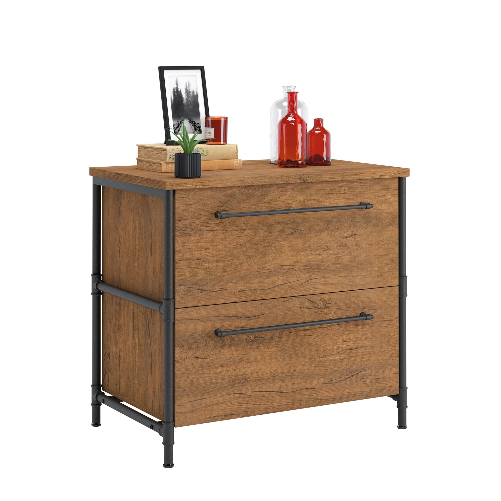 Sauder Iron City Industrial Interlocking 2 Drawer Lateral File Cabinet, Checked Oak Finish
