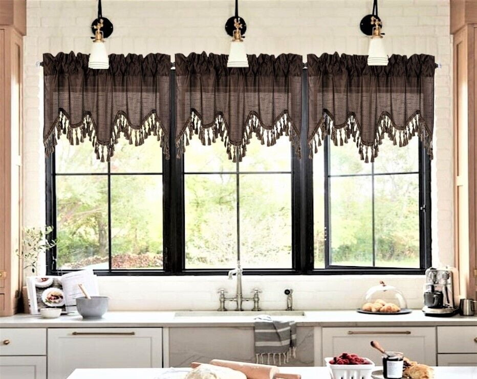 1 Piece Wave valance with bead trim tassels semisheer light filtering rod pocket taloired for kitchen, living room decor BROWN color 52