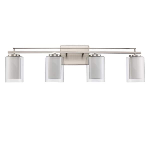 Lisbon 32 in. 4-Light Brushed Nickel Bathroom Vanity Light Fixture with Clear Glass Outer and Opal Glass Inner Shades