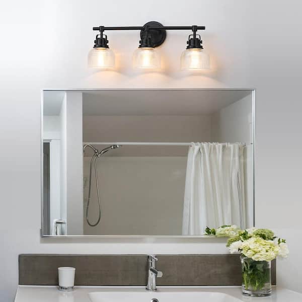 24 in. 3-Light Black Bathroom Vanity Light with Clear Prismatic Glass Shade