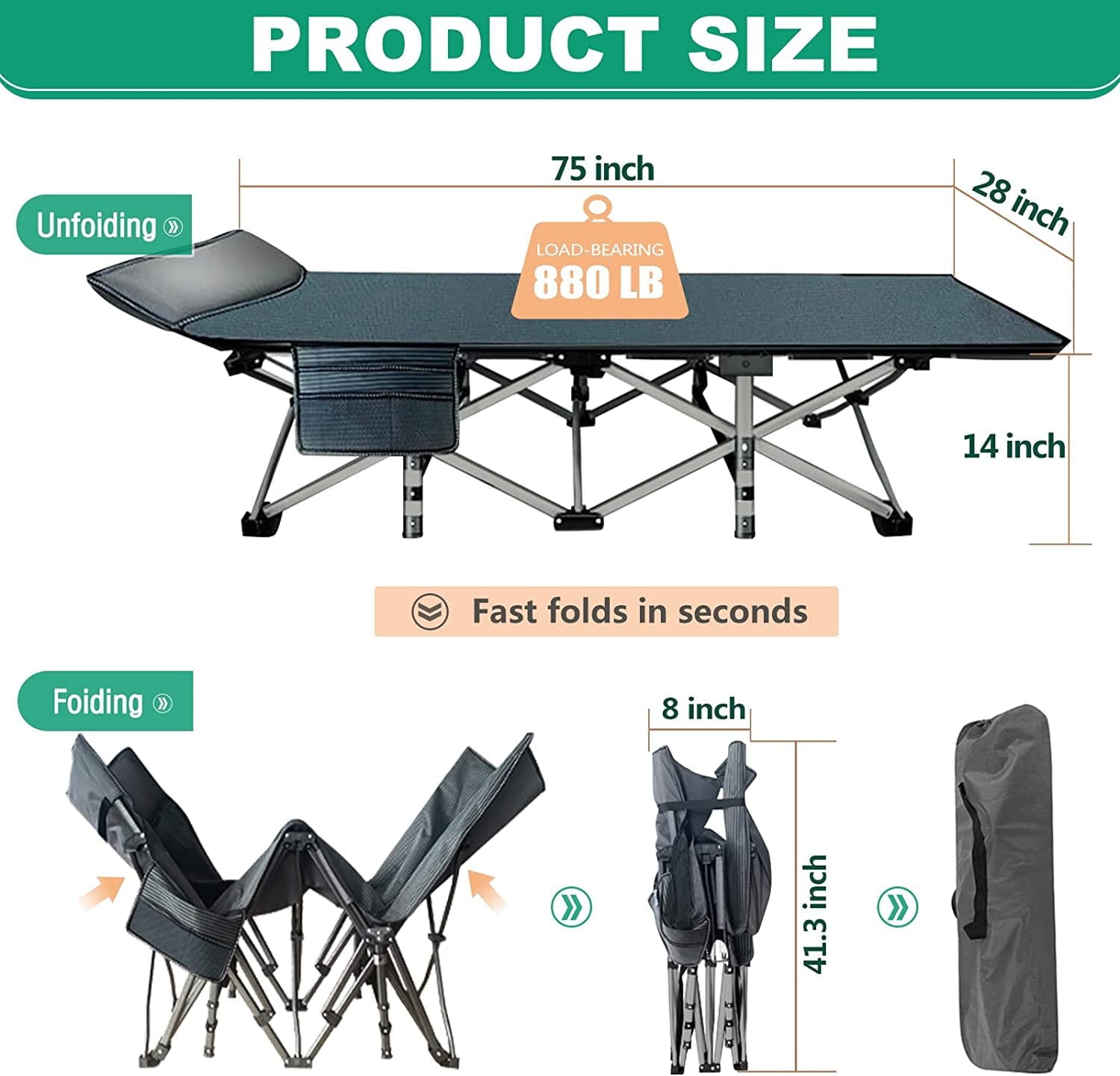 Slsy Folding Camping Cots with 3.3 Inch 2 Sided Mattress, 75