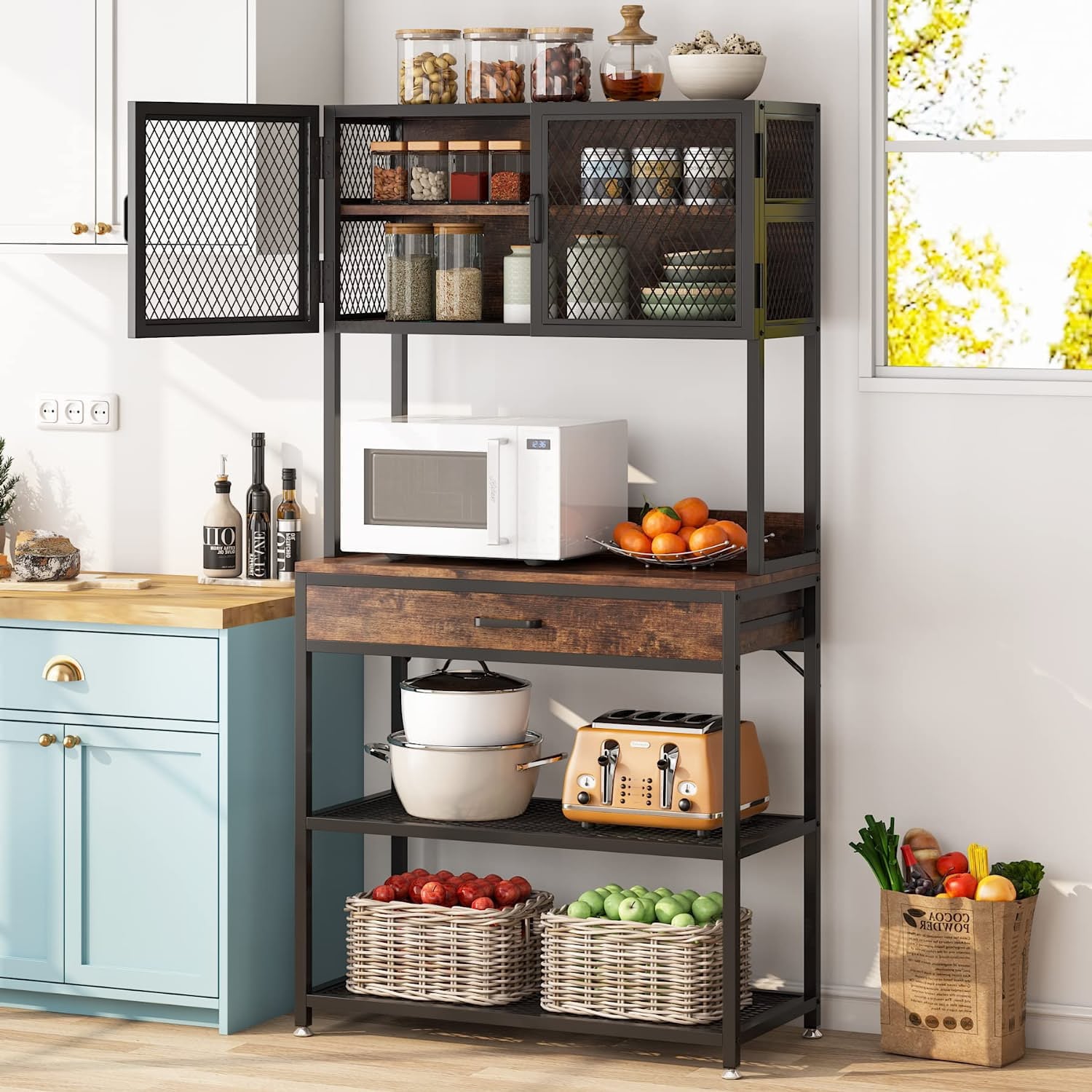 Tribesigns Kitchen Bakers Rack, Microwave Oven Stand with Open Shelves Cabinet and Drawer, Brown