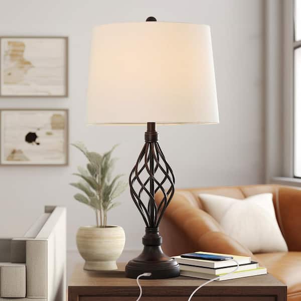 28 in. Bronze USB Table Lamp with White Linen Shade