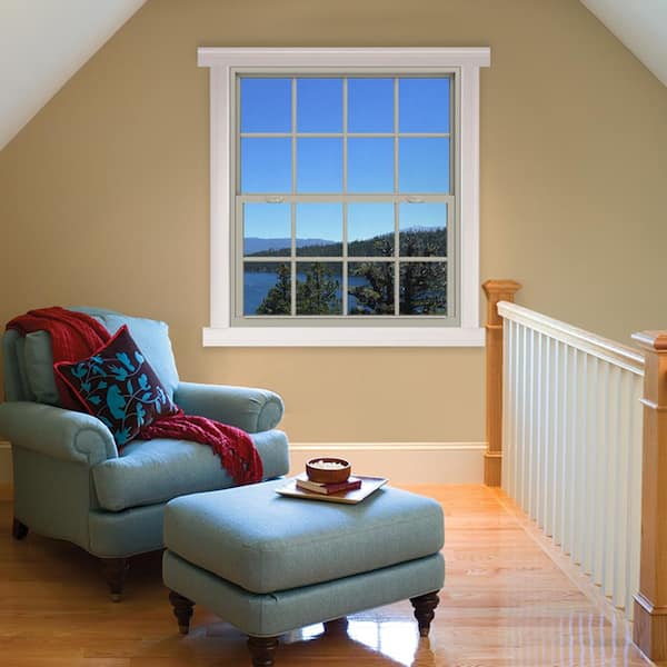 42 in. x 54 in. V-4500 Series Desert Sand Single-Hung Vinyl Window with 8-Lite Colonial Grids/Grilles