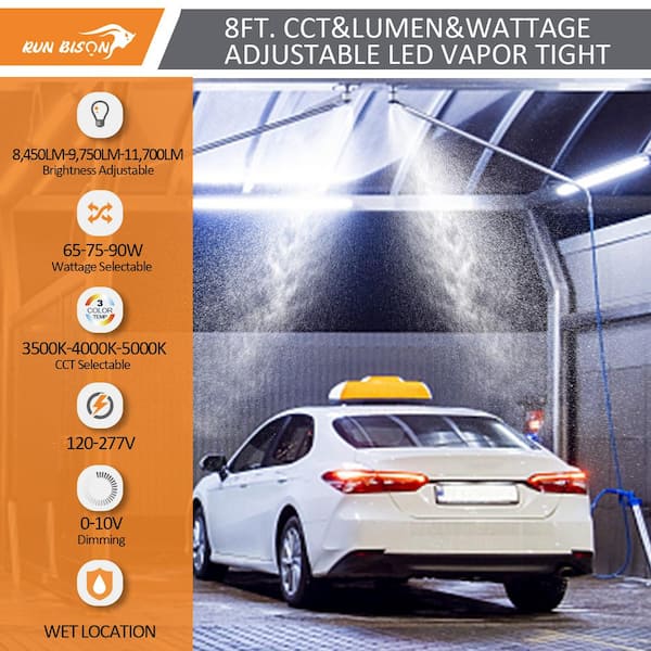 8 ft. White 500-Watt Equivalent Integrated LED Dimmable LED Vapor Tight Fixture, CCT/Wattage/Lumens Selectable, UL/DLC