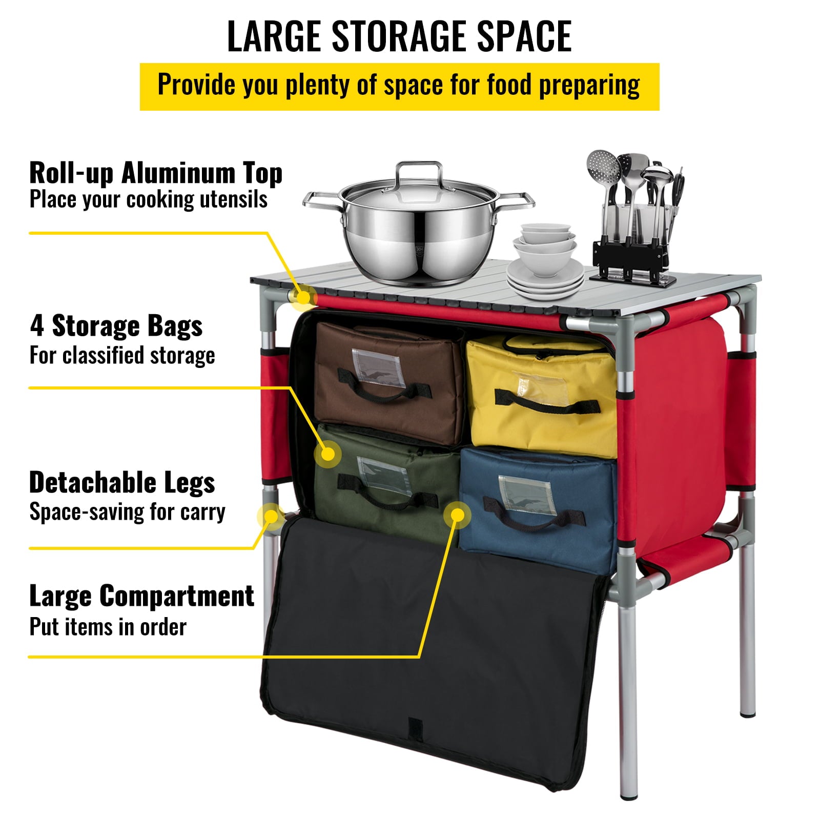 Camping Kitchen Station, Aluminum Portable Folding Camp Cook Table with 4 Detachable Legs & 4 Cooler Bags, Red