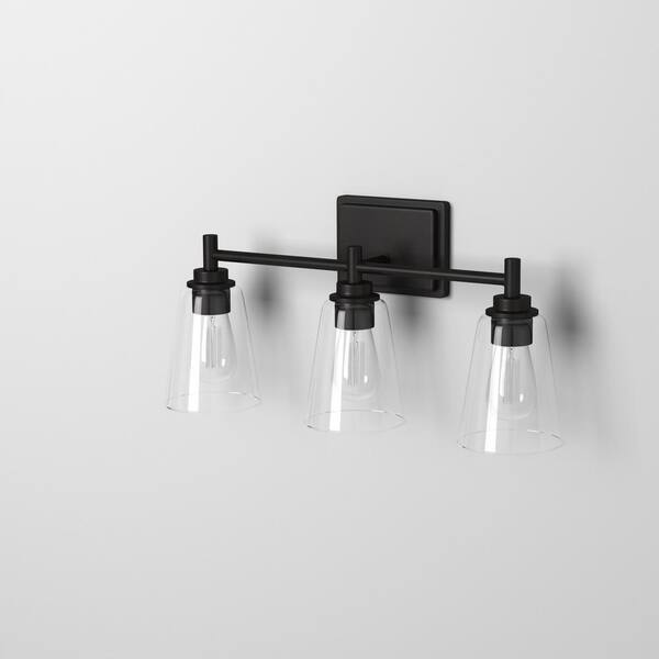 Westin 22.5 in. 3-Light Matte Black Modern Industrial Vanity with Clear Glass Shades