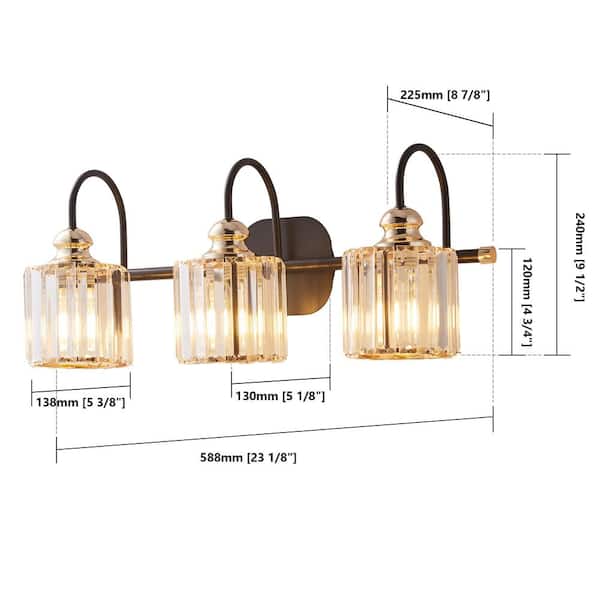 IndustrialVL 23.13 in. 3-Light Brass Black Vanity Light with Crystal Glass Shades