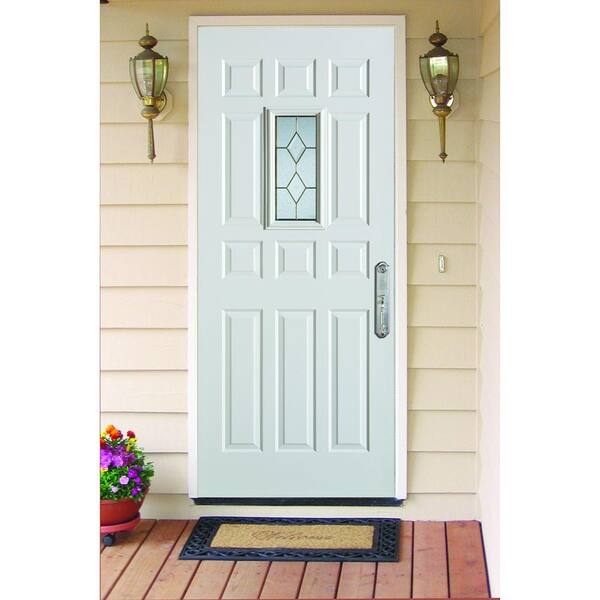 32 in. x 80 in. Traditional Brass Rectangular Lite 12-Panel Painted White Left-Hand Inswing Steel Prehung Front Door
