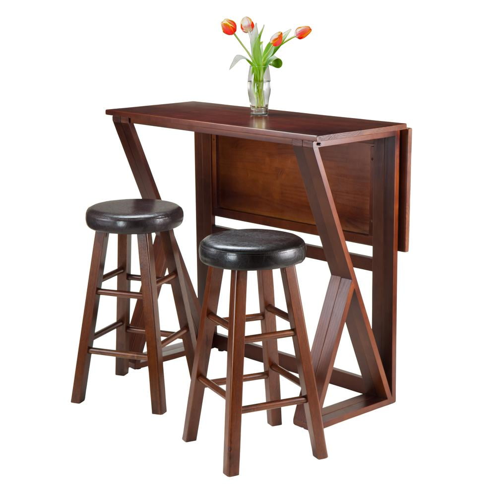 Winsome Wood Harrington 3-Pc Set, Drop Leaf Table & 2 Cushion Round Seat Counter Stools, Walnut Finish