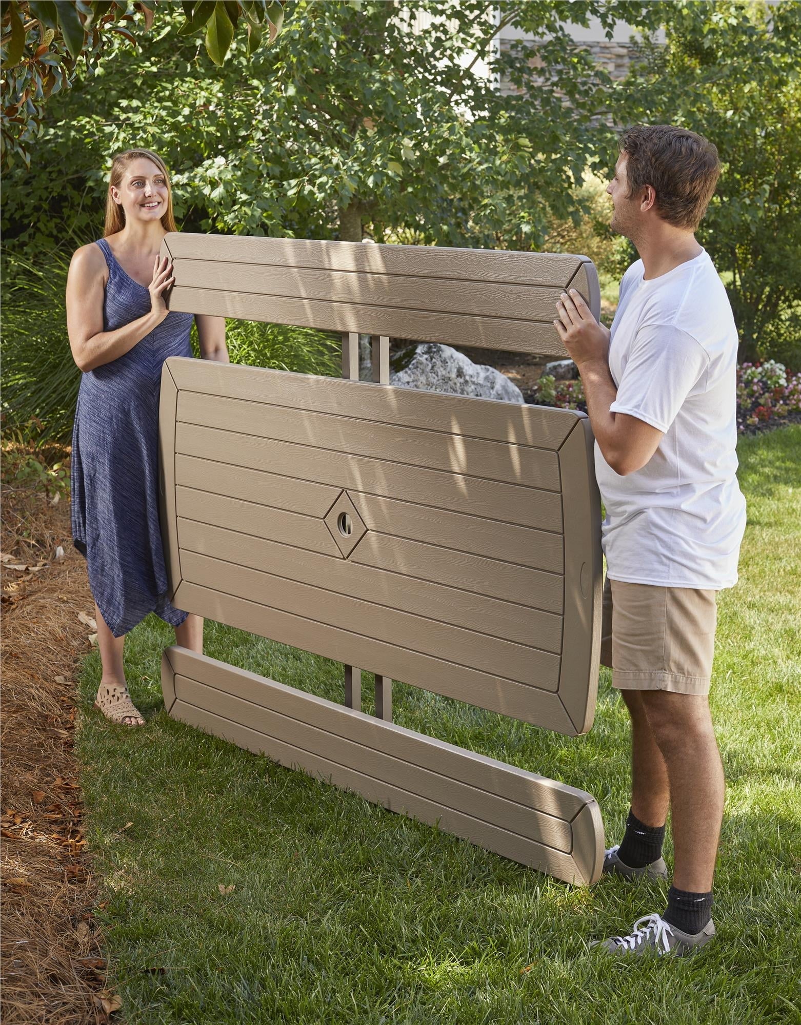 6 ft. Folding Blow Mold Picnic Table, Taupe Wood Grain with Brown Legs