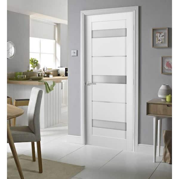 36 in. x 80 in. Single Panel No Bore Frosted Glass White Finished Pine Wood Interior Door Slab