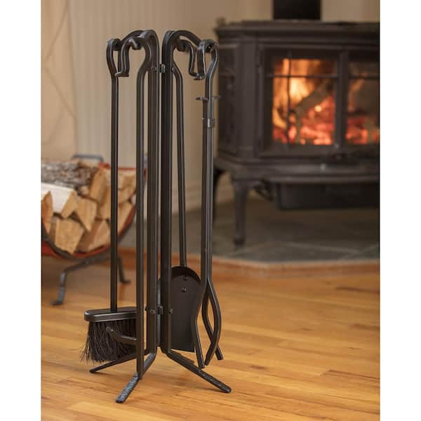 Black Wrought Iron 5-Piece Fireplace Tool Set with Crook Handles