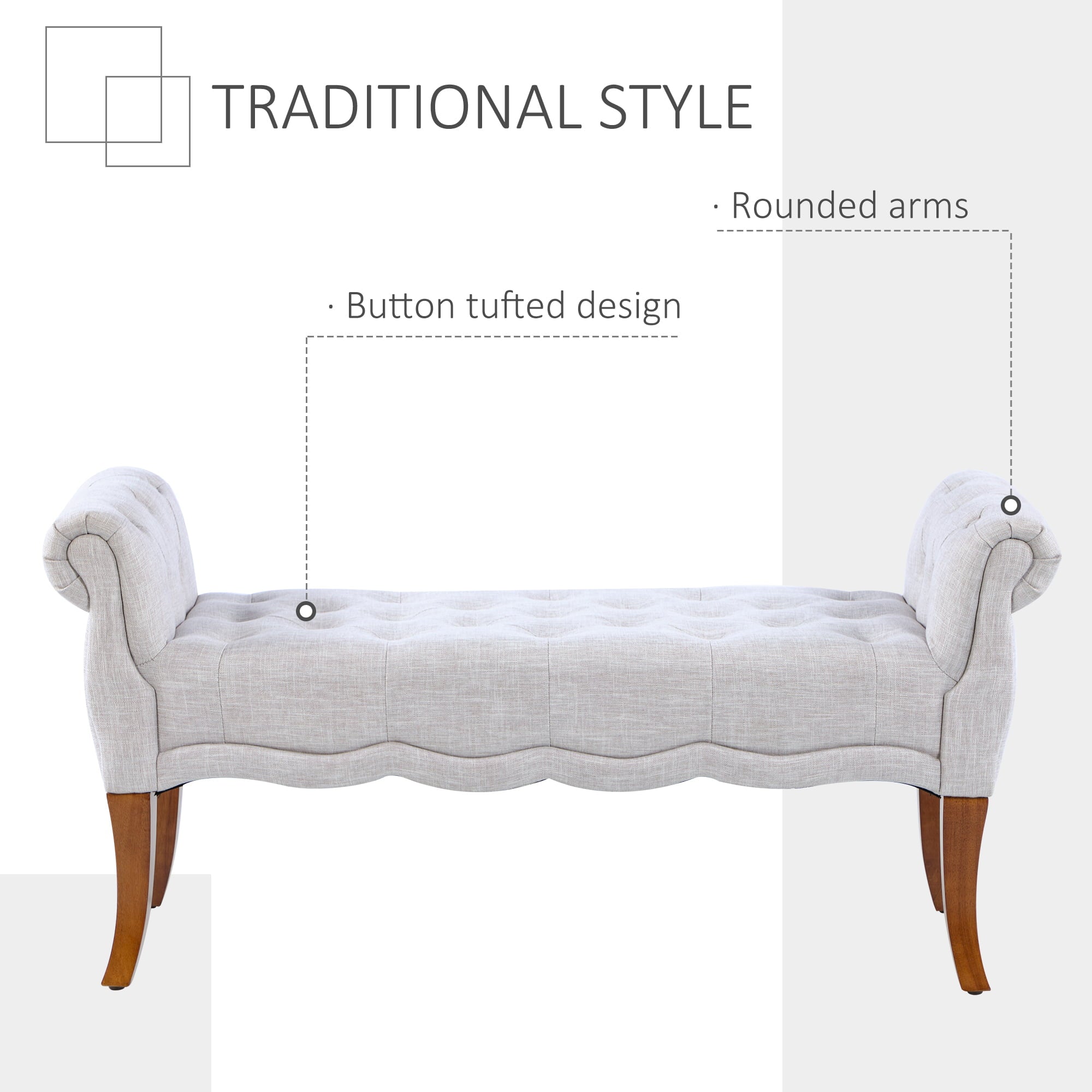 HOMCOM Traditional Style End of Bed Bench, Upholstered Entryway Bench with Button Tufted and Rounded Arm, Light Gray