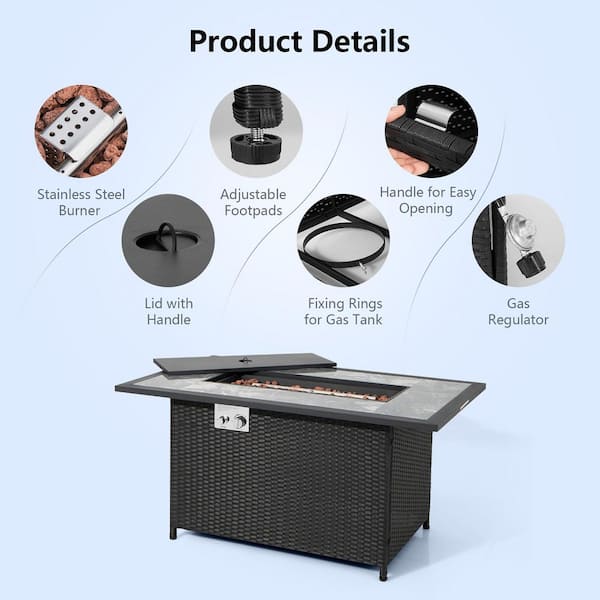 52 in. Propane Fire Pit Table Marble Tabletop Rattan Wicker w/Rain Cover Lava Rock