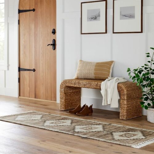 Shiffer Waterfall Woven Bench Wooden Frame Rectangle Shape With Curved Sides