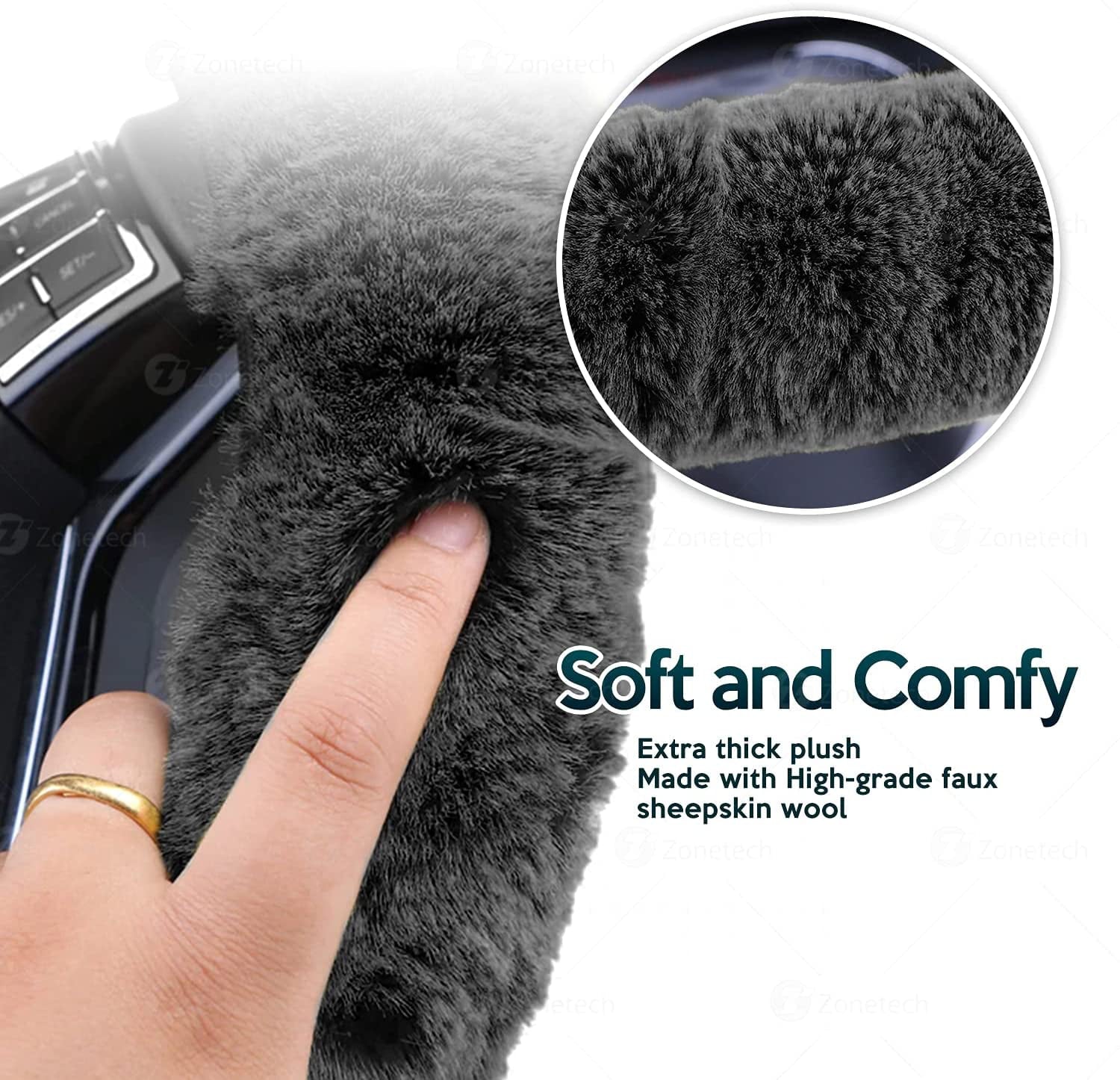 Zone Tech Classic Car Steering Wheel 12V Plush Heated Cover - Classic Black Upgraded Version Hand Warmer Ultra Comfortable 12V Elegant Design Vehicle Heated Wheel Plush Comfy Protector