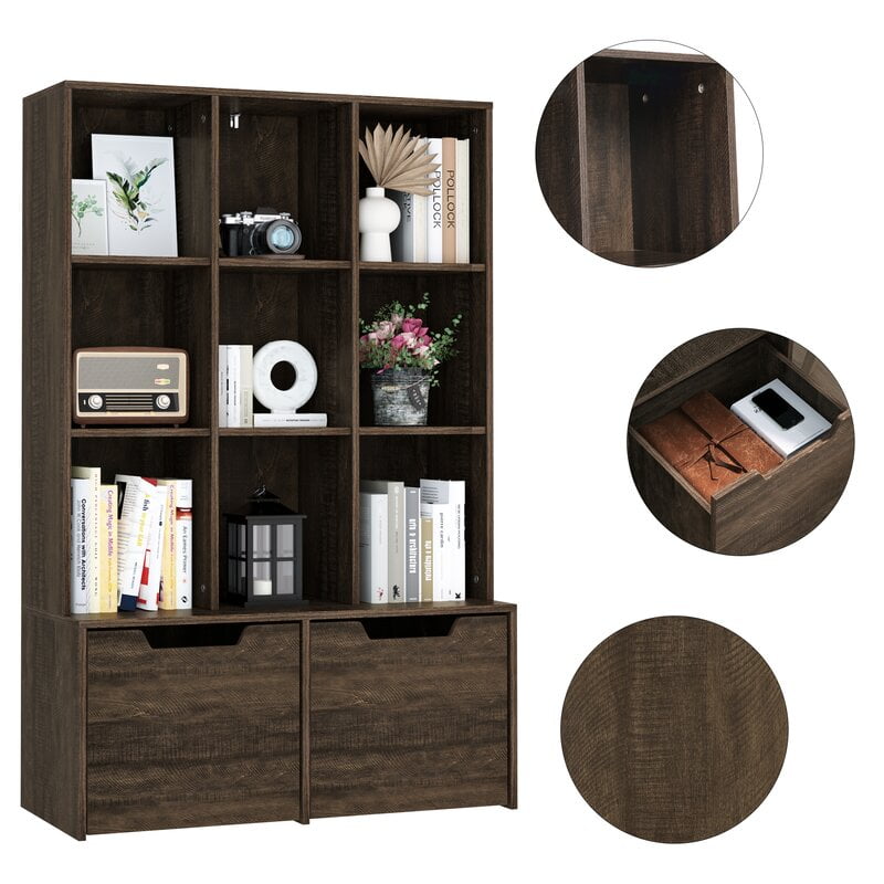 Homfa Modern Cube Bookcase, 9-Cube Storage Cabinet Display Shelf with 2 Mobile Drawers, White Finish