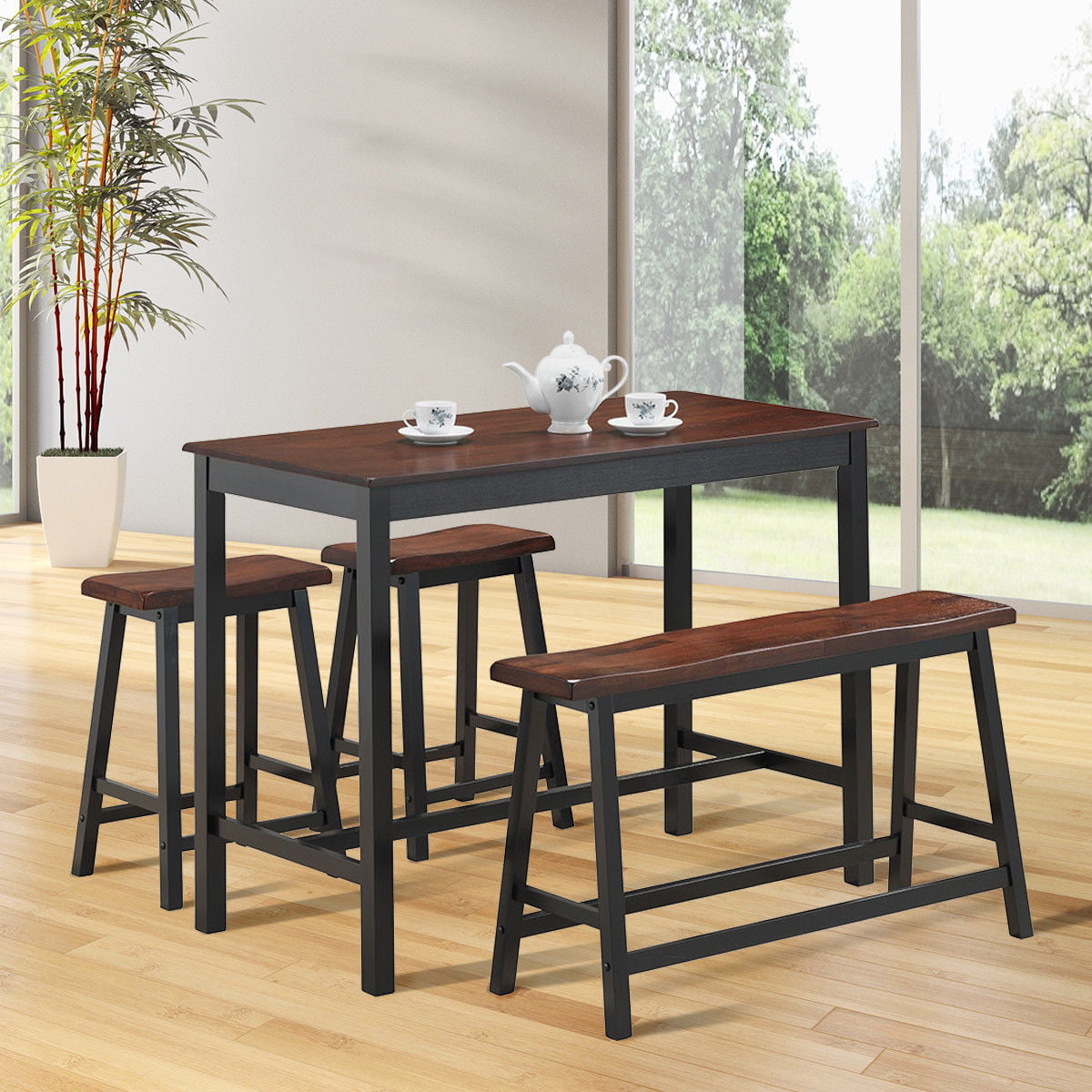 Costway 4 Pcs Solid Wood Counter Height Table Set w/ Height Bench & Two Saddle Stools Brown