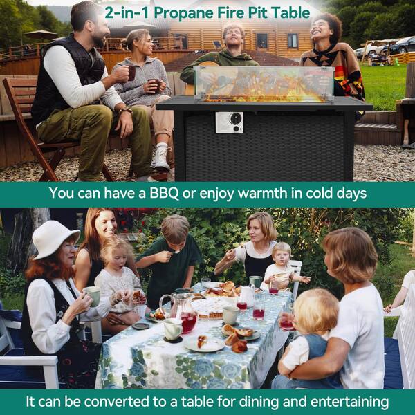 42 in. PE Rattan Outdoor Propane Gas Fire Pit Table 50,000 BTU Auto-Ignition Gas Firepit with Removable Lid in Brown
