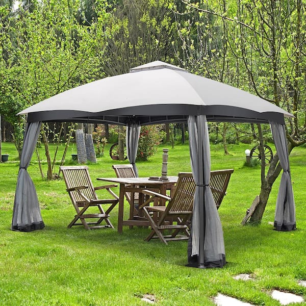 10 ft. x 12 ft. 2-Tier Grey Patio Gazebo Canopy Netting Heavy-Duty Metal Easy-Setup Outdoor