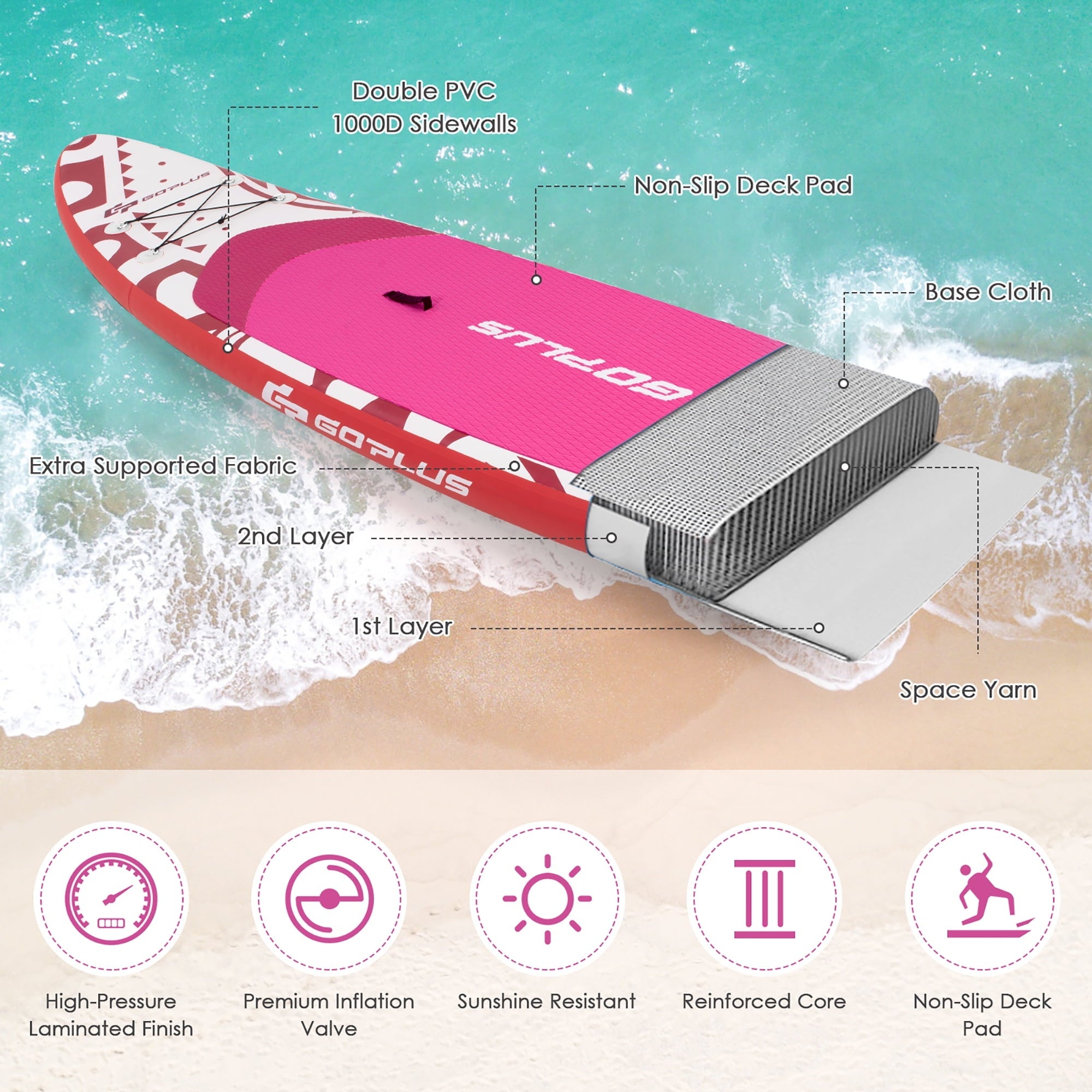 Goplus 10.5’ Inflatable Stand Up Paddle Board SUP W/Carrying Bag Aluminum Paddle Pink