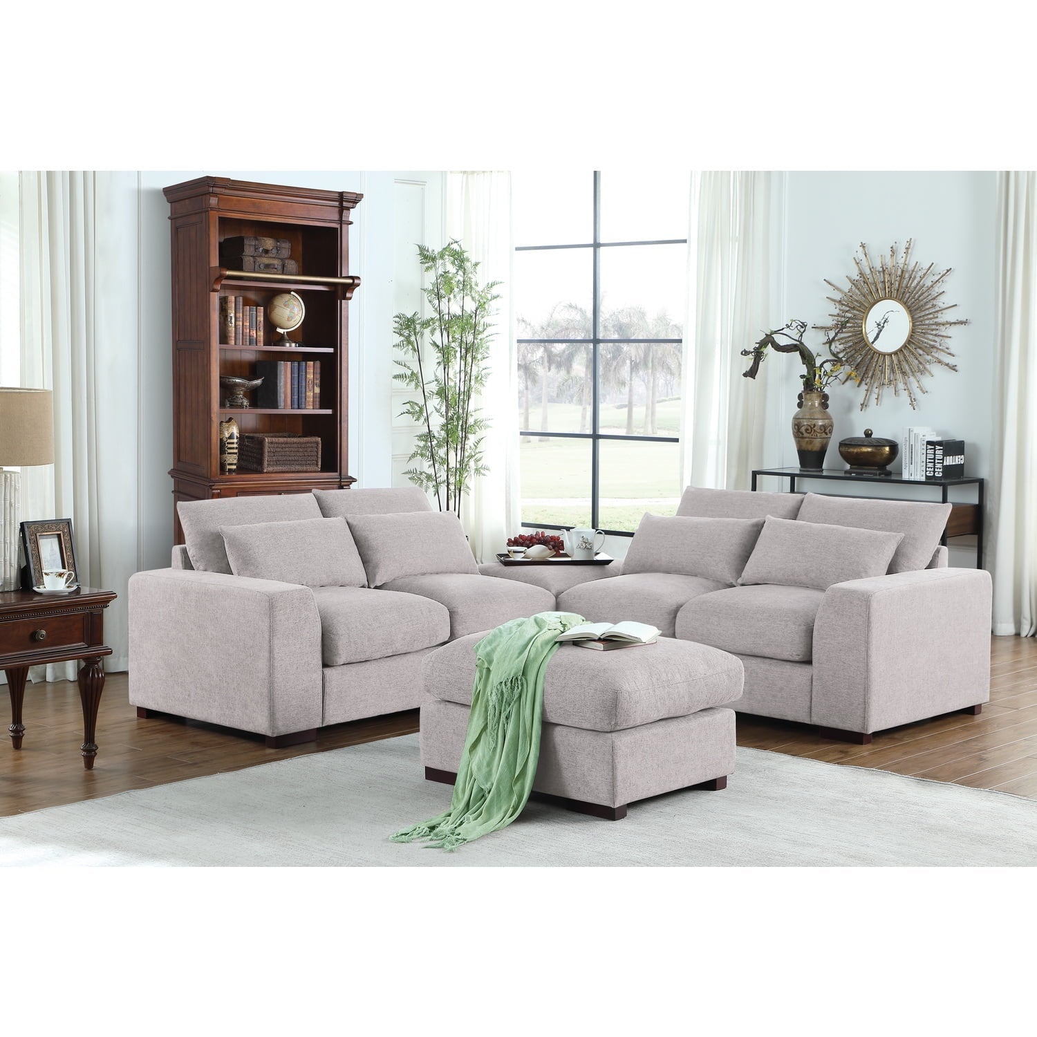 Devion Furniture Reversible Modular Sectional Fabric Sofa & Chaise With Two Ottoman-Light Gray