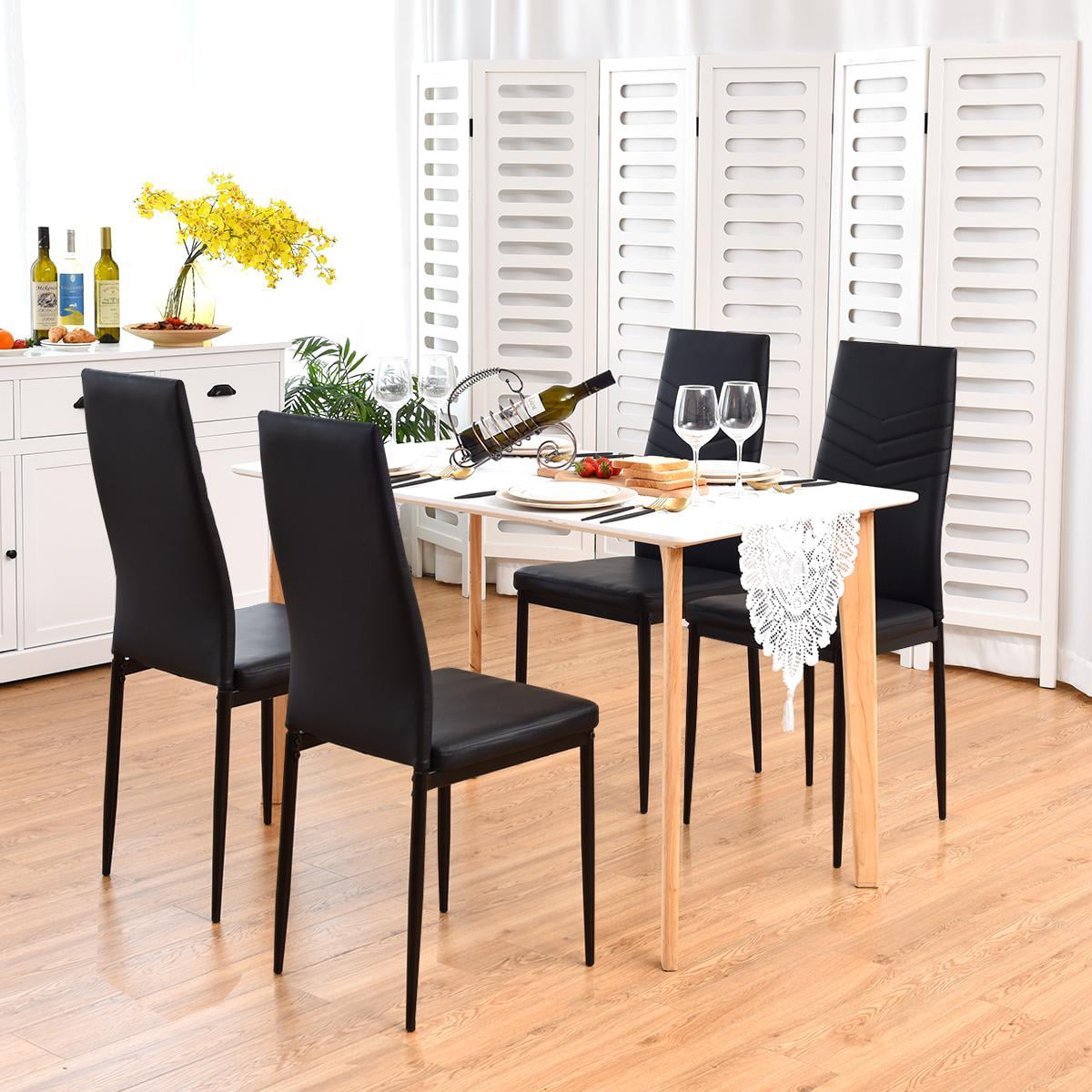 Giantex Dining Chairs Set of 4 Black PVC Dining Room Chairs Modern Soft Leather Padded Living Room Side Chairs with Sturdy Metal Legs & Non-Slip Feet Pads