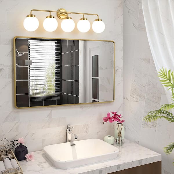 38.98 in. 5-Light Gold Bathroom Vanity Light with Opal Glass Shades, Bulbs not Included