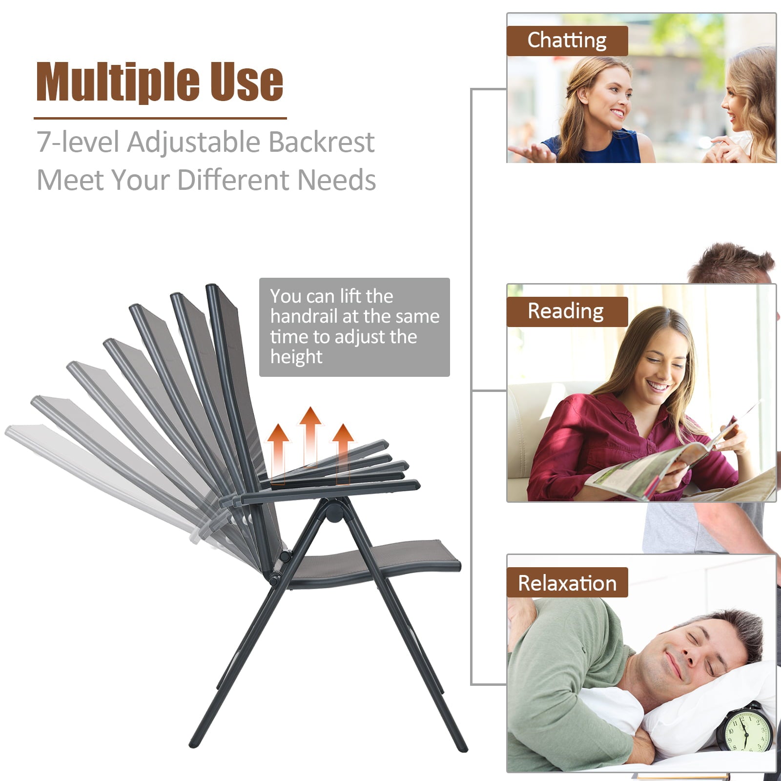 Costway 3PCS Bistro Set Folding Adjustable Chairs Square Glass Table Garden