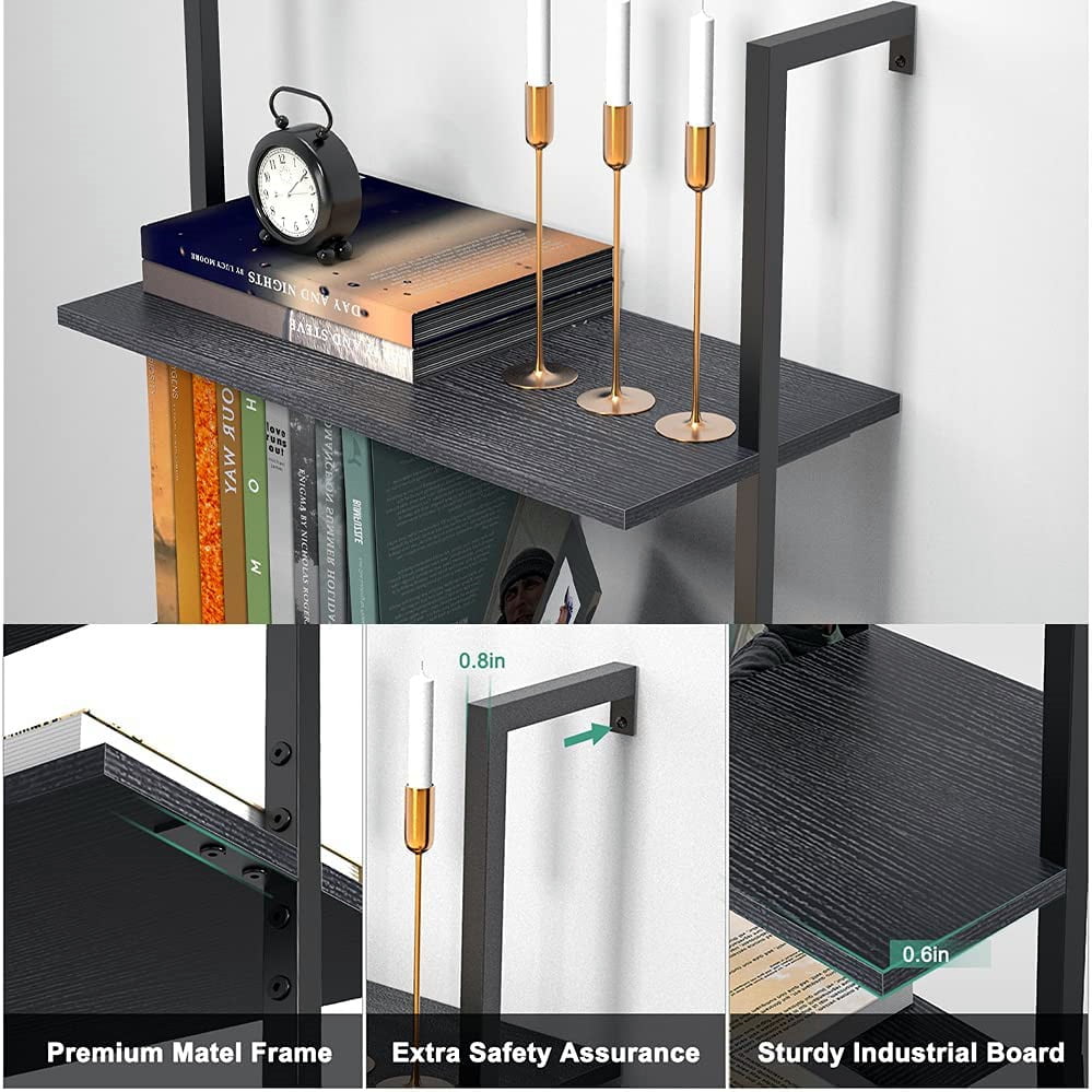 Zimtown 5-Shelf Wood Bookcase and Bookshelf, Wall Mounted Learning Ladder Display Rack, Black Finish