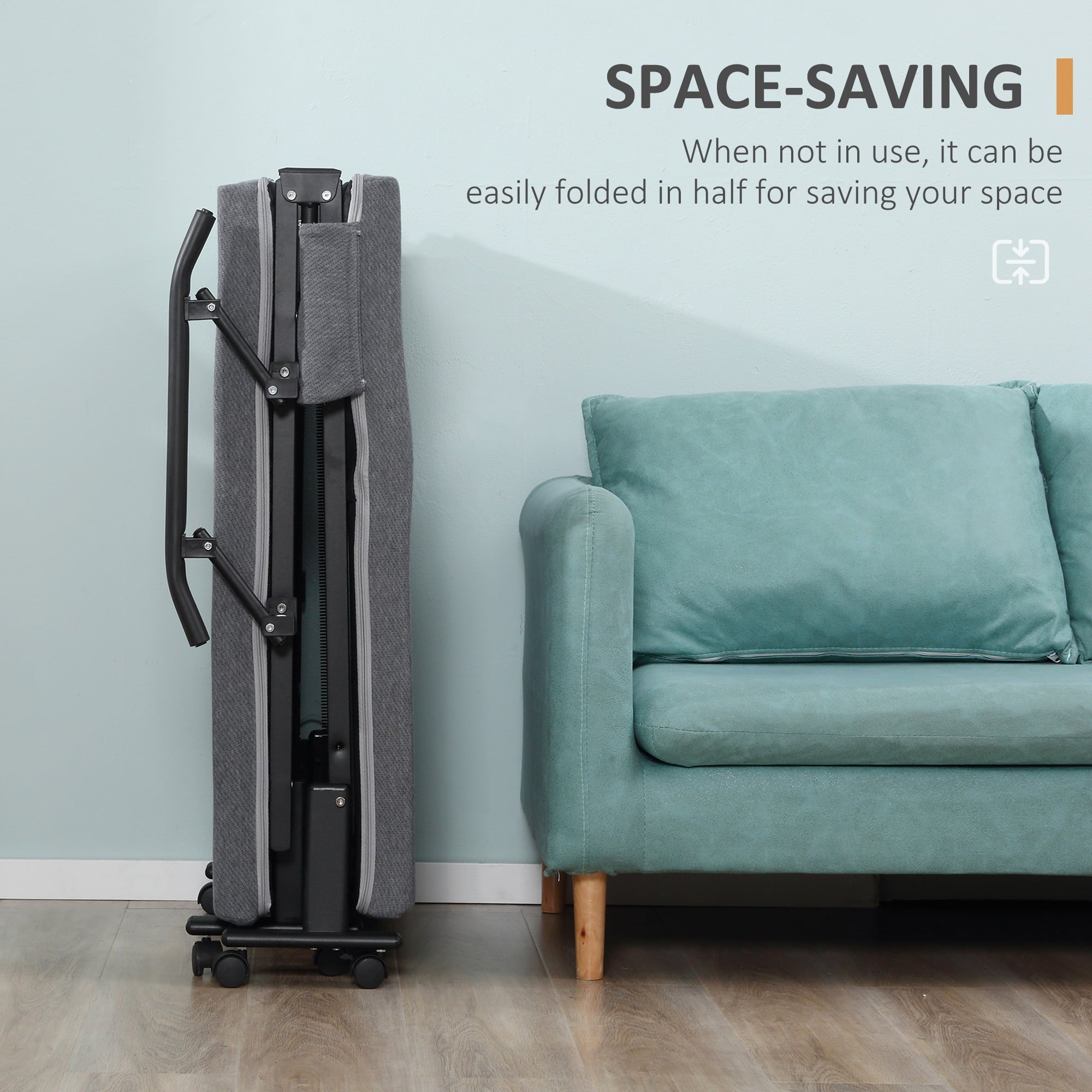 HOMCOM Folding Bed with Mattress & Wheels, Adjustable Backrest, Dark Grey