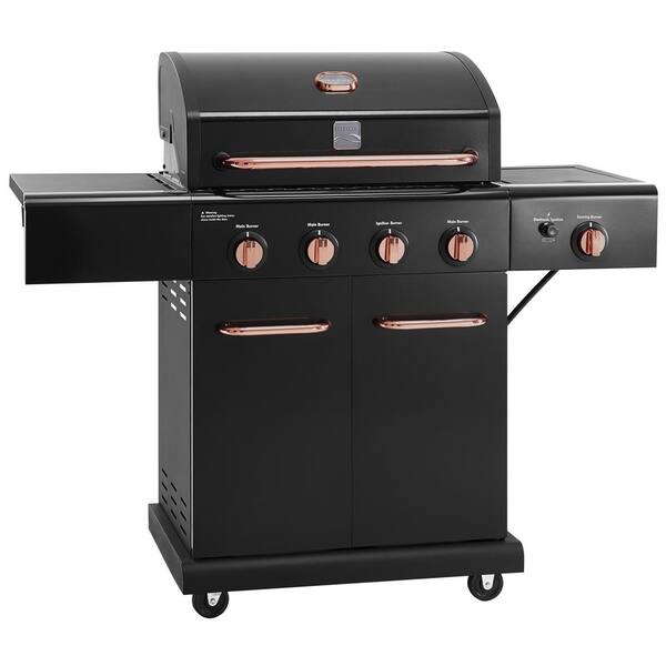4-Burner Propane Gas Grill with Side Searing Burner in Black with Copper Accent