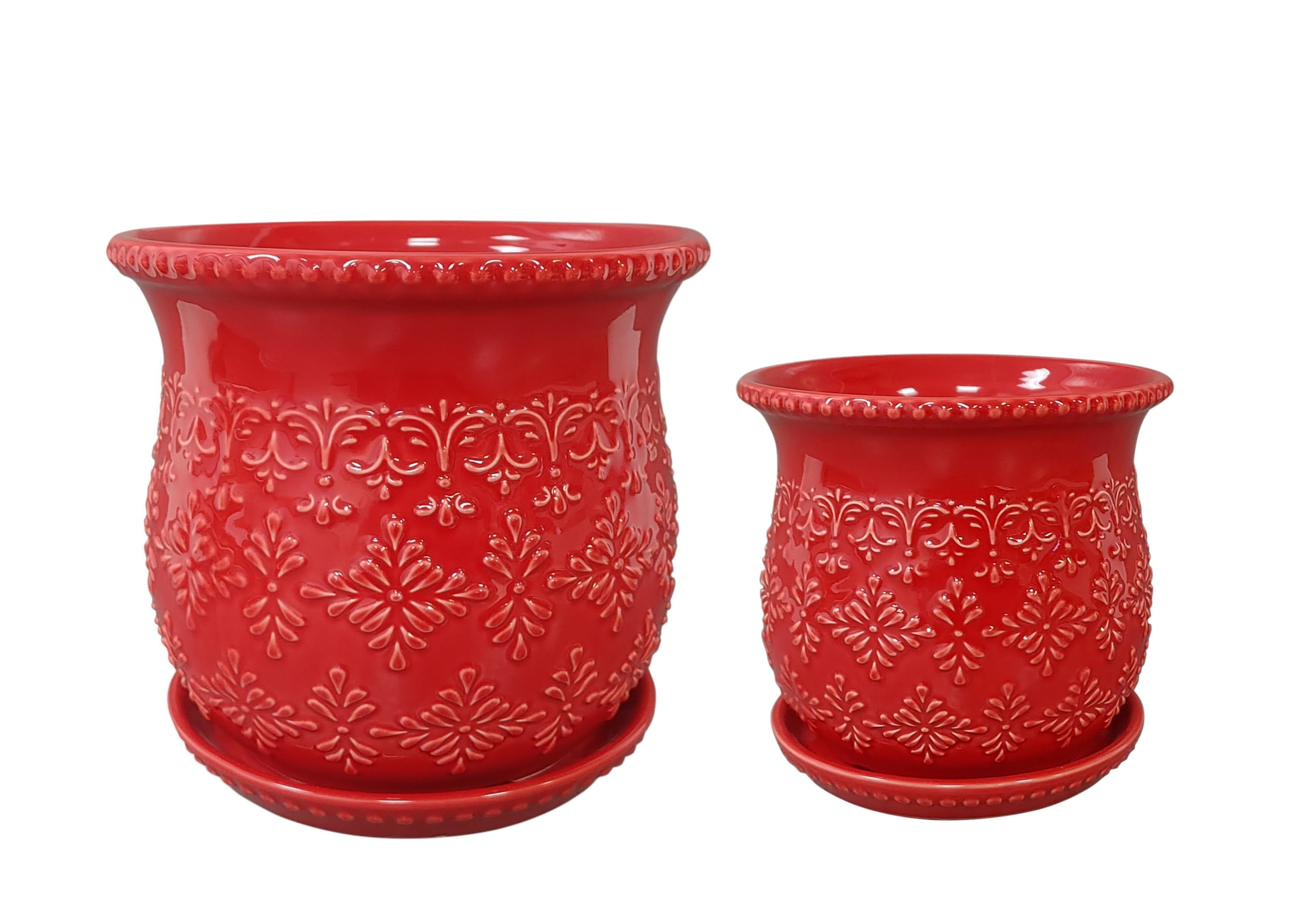 The Pioneer Woman Embossed Timeless Geo Red Planter 8 inch, Stoneware