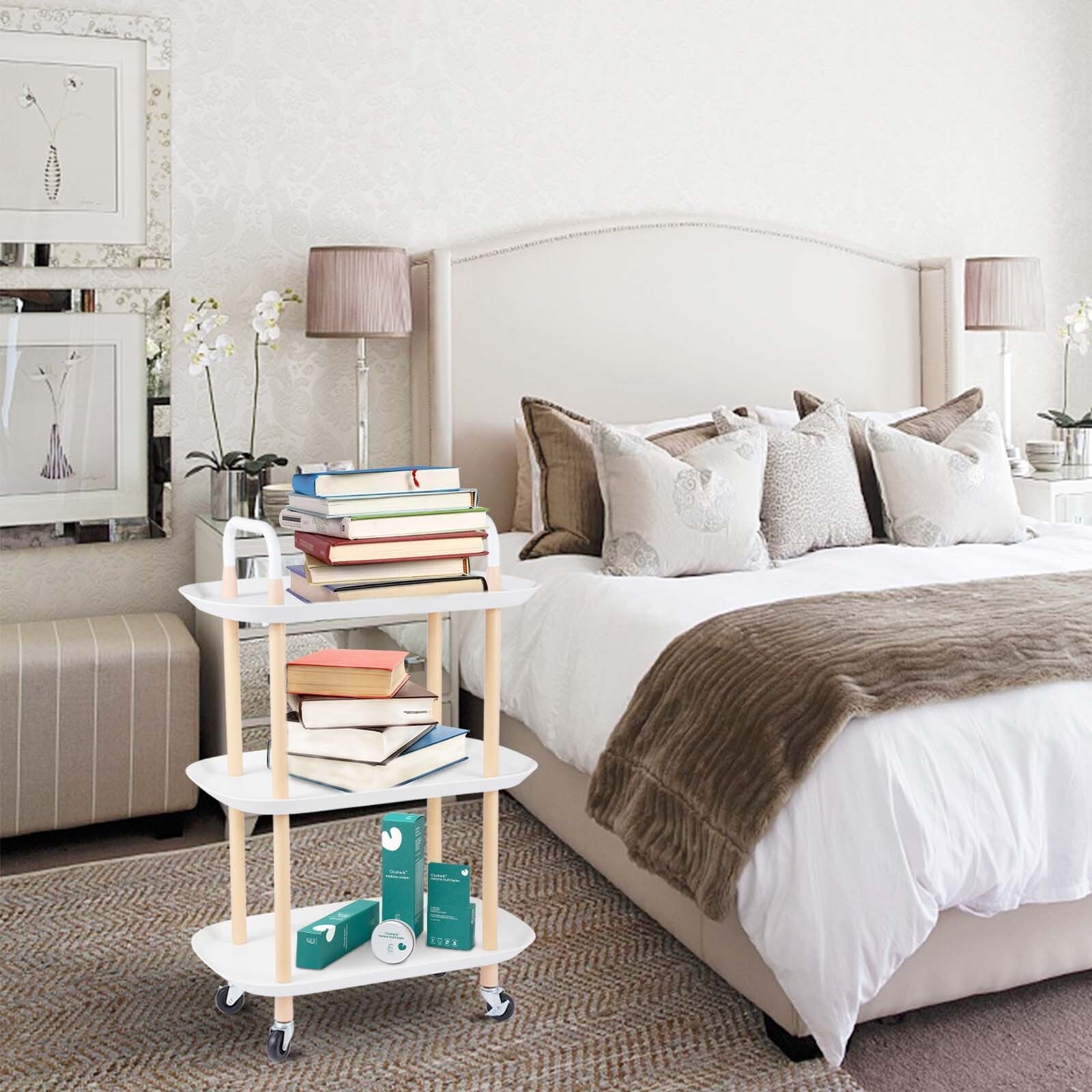 3 Tier Rolling Utility Cart Storage Organizer Service Cart with Handle and Locking Wheels for Home, Bathroom, Office, Kitchen, Coffee Bar, Microwave Cooking Station, White