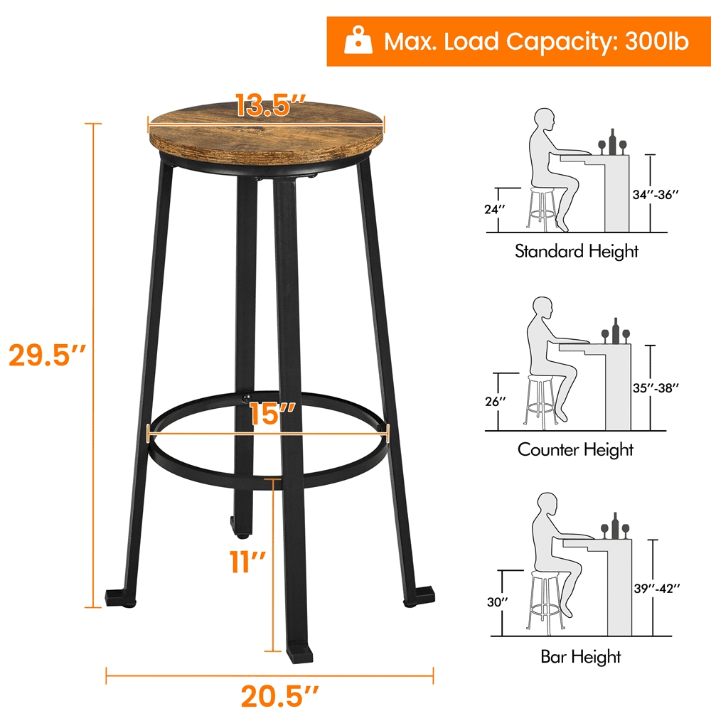 Topeakmart 2pcs 29.5''H Backless Metal Frame Bar Stools with Round Top, Rustic Brown