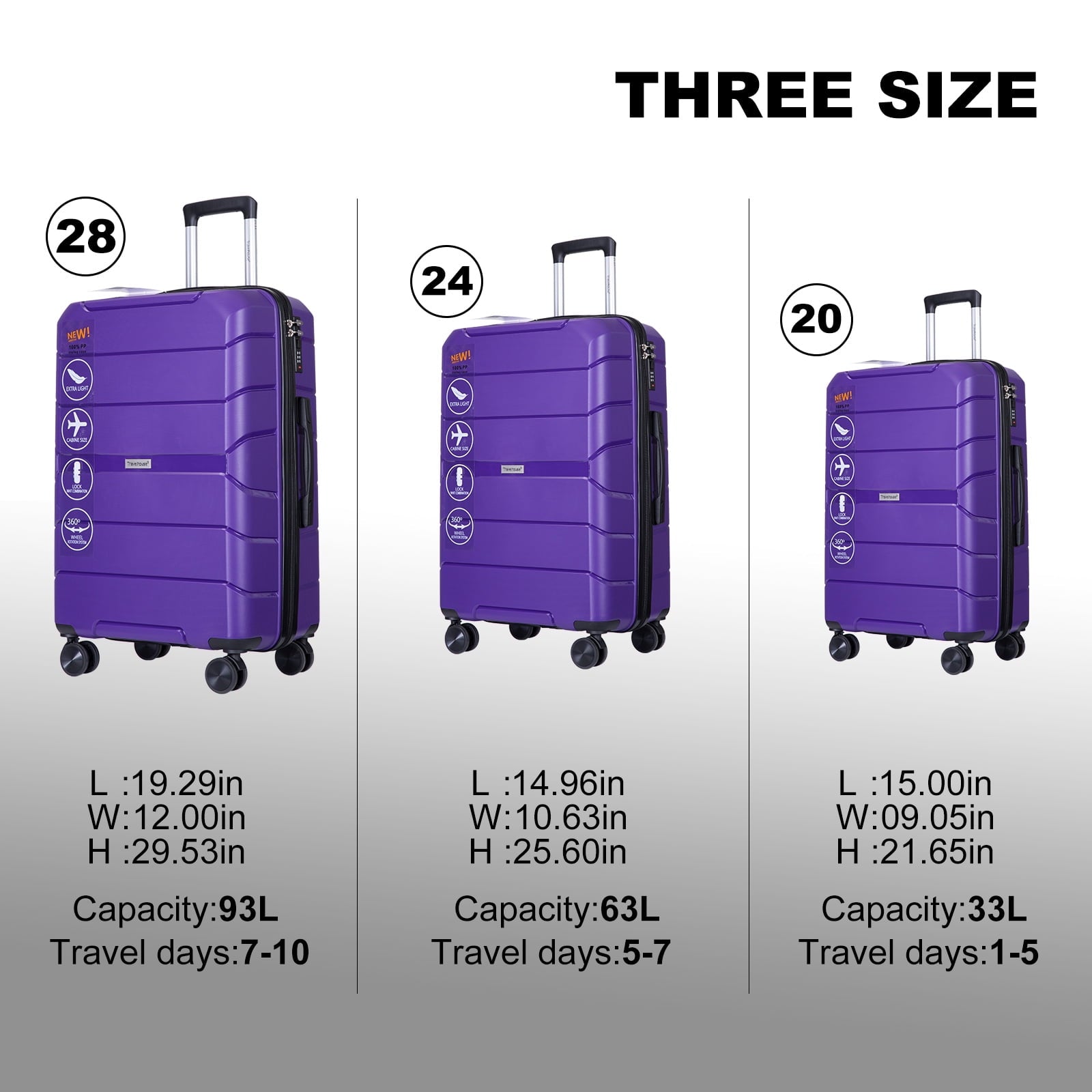Tripcomp Hardshell Luggage Set,Carry-on,Lightweight Suitcase Set of 3Piece with Spinner Wheels,TSA Lock,20inch/24inch/28inch(Purple)