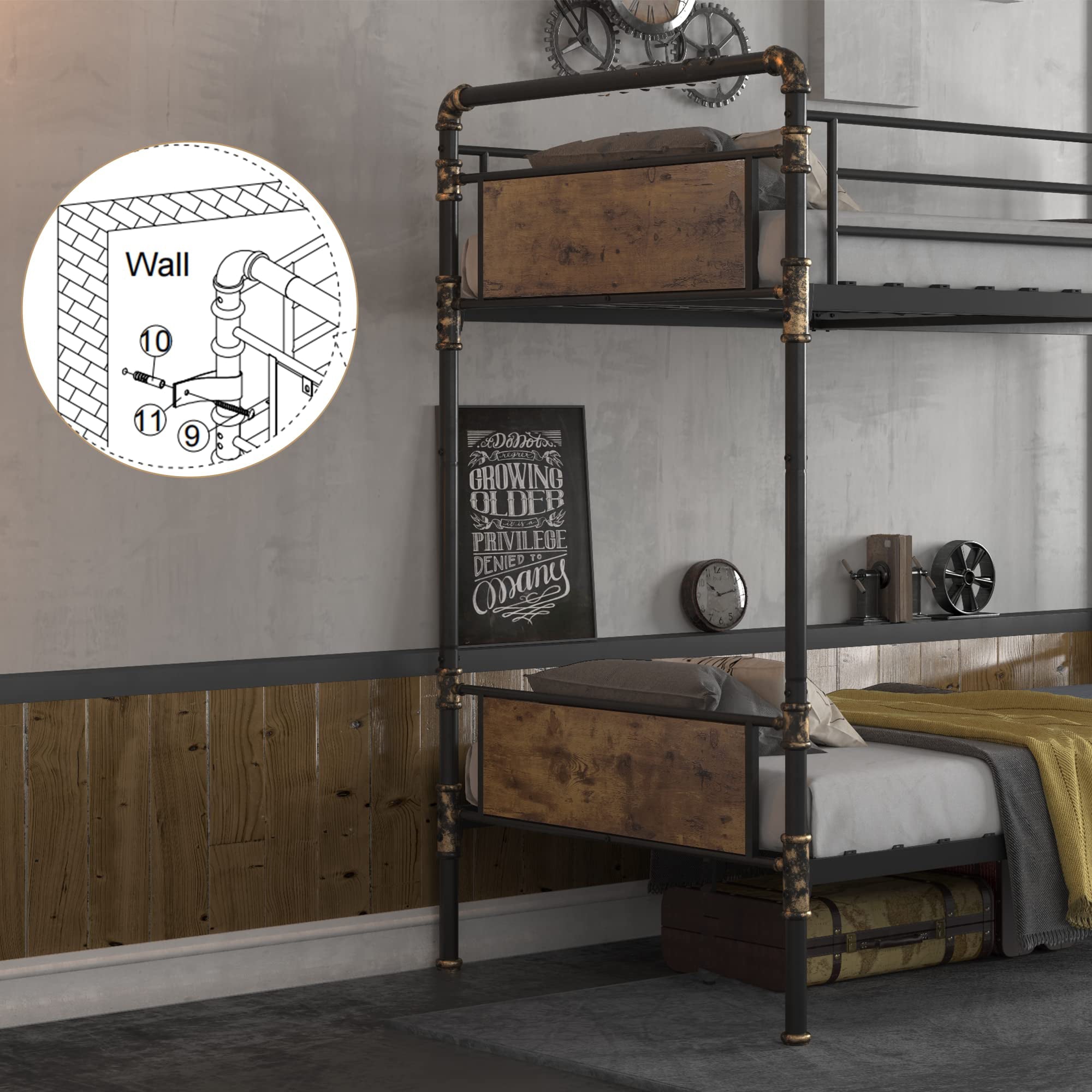 Alohappy Twin Over Twin Bunk Bed, Convertible Twin Bunk Beds Into 2 Individual Bed, Removable Ladder & Safety Guard Rail for Kids, Modern Industrial Style, Easy Assembly, No Box Spring Needed (Brown)